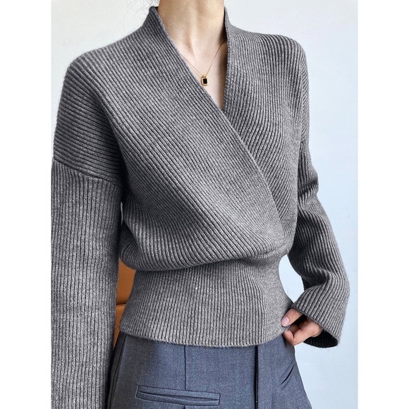 Commense Ribbed Knit Wrap Top, Long Sleeve V-Neck Crossover Sweater Grey size M - Picture 2 of 6